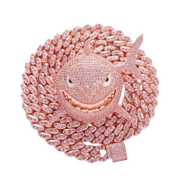 HALOKAIYA ICEDIAMOND Collana a catena cubana con ciondolo squalo diamante rosa fantasia, gioielli hip hop taglia L placcati oro per uomo donna